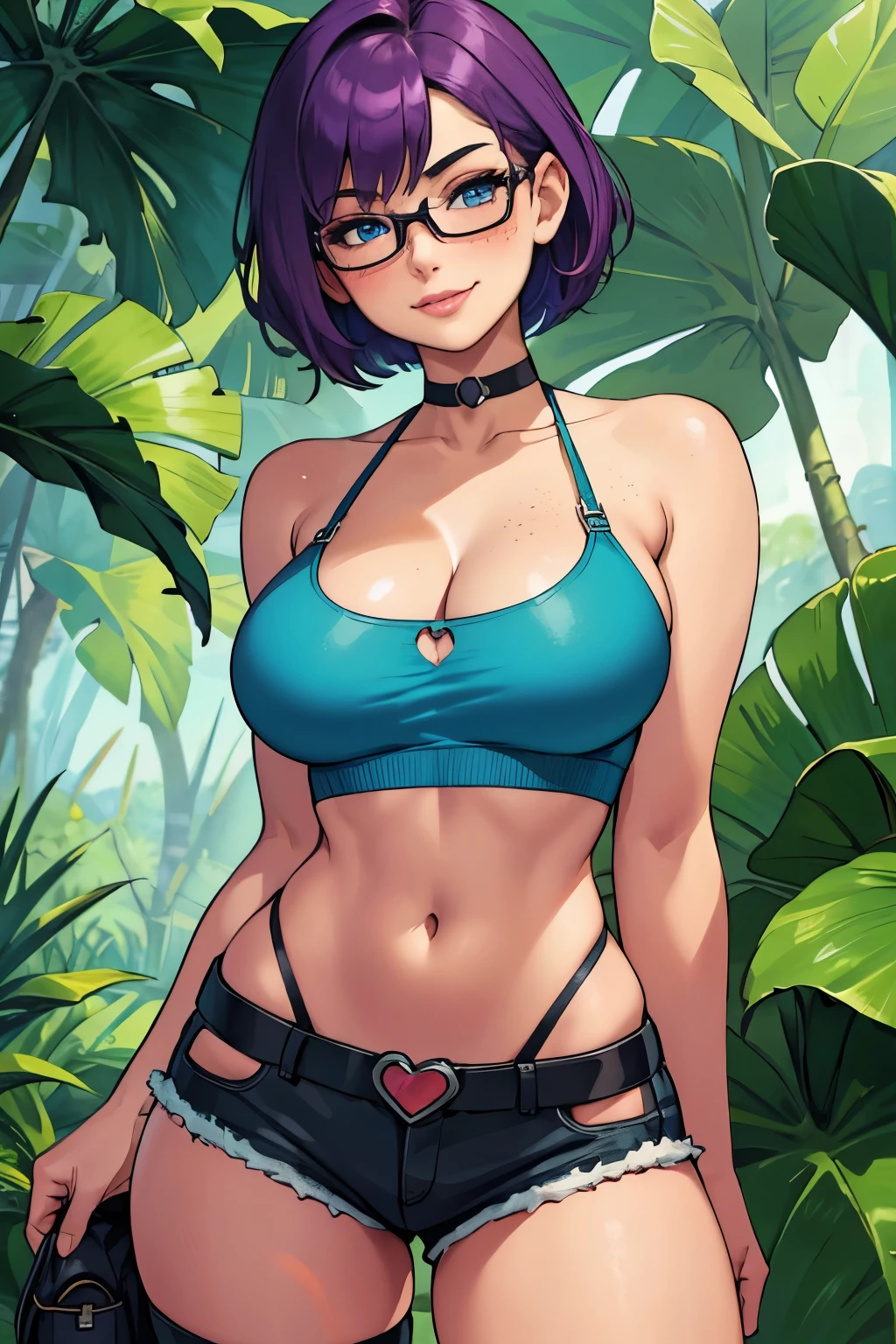 Beautiful young teenager, 1girl, purple hair, blue eyes, extremely short hair, freckles on face, happy, smiling, blushing, thin frame eyeglasses, thick lips, full lips, huge breasts, extreme cleavage, deep cleavage, very thin body, crop top, midriff, tiny shorts, hiking boots, knee socks,  heart shaped choker, perfect anatomy, tropical jungle background, detailed background, ultra-detailed, 4k, 8k, best quality, masterpiece