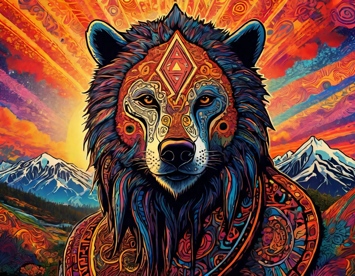 Un ours et une étoile, Inspired by Australia, Australian Aboriginal , Aboriginal aesthetic, aboriginal gods, fenrir, Aboriginal symbols, Aboriginal runes, rune tattoos on face, Runic tattoo desert landscape with mountains and sun, Psychedelic landscape, Psychedelic acid trip, Psychedelic artwork, Psychedelic lsd, Psychedelic trip, Psychedelic Art, Psychedelic ski resort, Psychedelic visuals, : Psychedelic ski resort, Psychedelic painting, Psychedelic视觉效果, Psychedelic fever dream, LSD trip, Psychedelic art, Psychedelic, art hallucinatoire, Psychedelic waves, extremely Psychedelic experience, 