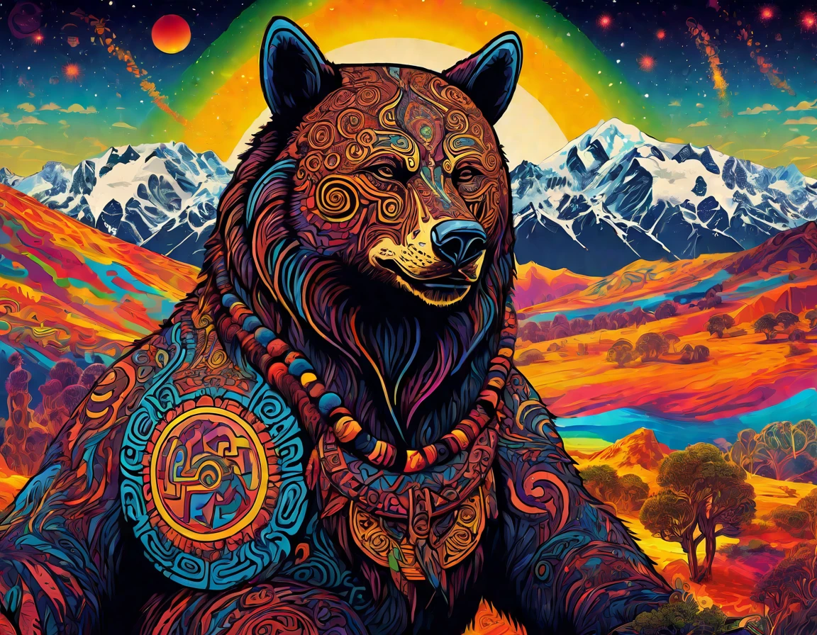 Un ours et une étoile, Inspired by Australia, Australian Aboriginal , Aboriginal aesthetic, aboriginal gods, fenrir, Aboriginal symbols, Aboriginal runes, rune tattoos on face, Runic tattoo desert landscape with mountains and sun, Psychedelic landscape, Psychedelic acid trip, Psychedelic artwork, Psychedelic lsd, Psychedelic trip, Psychedelic Art, Psychedelic ski resort, Psychedelic visuals, : Psychedelic ski resort, Psychedelic painting, Psychedelic视觉效果, Psychedelic fever dream, LSD trip, Psychedelic art, Psychedelic, art hallucinatoire, Psychedelic waves, extremely Psychedelic experience, 