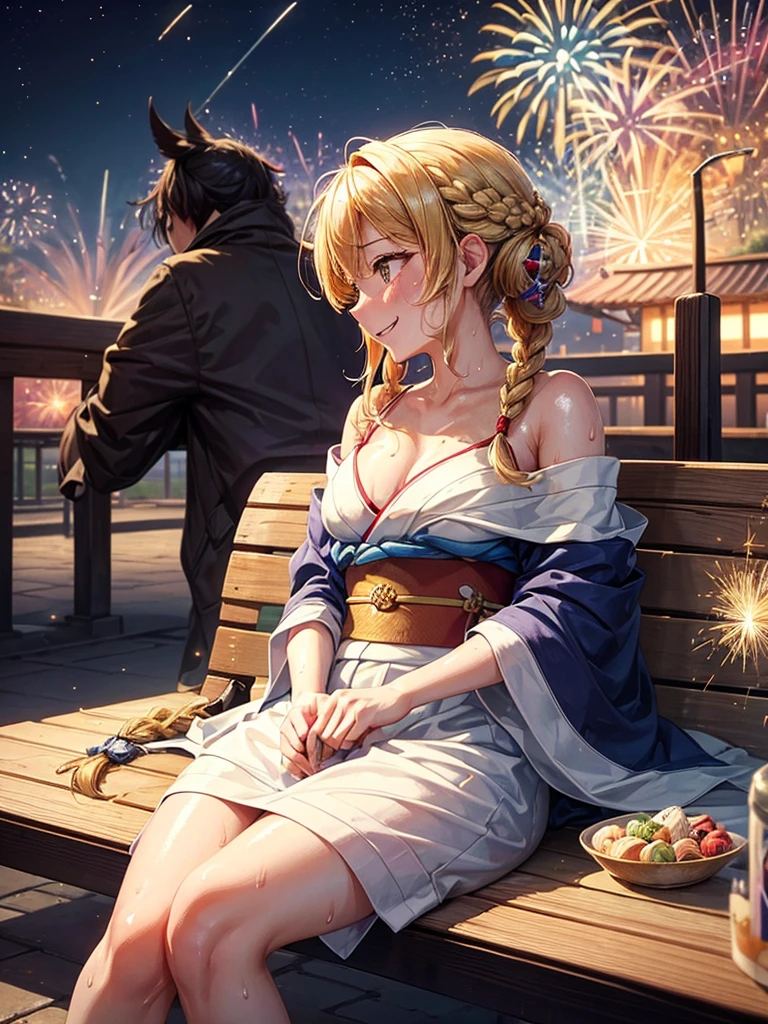(highest quality)), ((masterpiece)), (family friendly), Perfect Face,Shiny skin,Beautiful breasts,Shiny skin、Kyoto Animation style painting、Hair、Golden Eyes、Sunburned skin、night、Braided Hair、(((firework)))、(((night)))、Sit on a bench、(((Sweat)))、(((wet)))、
、Off the shoulder、kimono、((stall))
、profile
