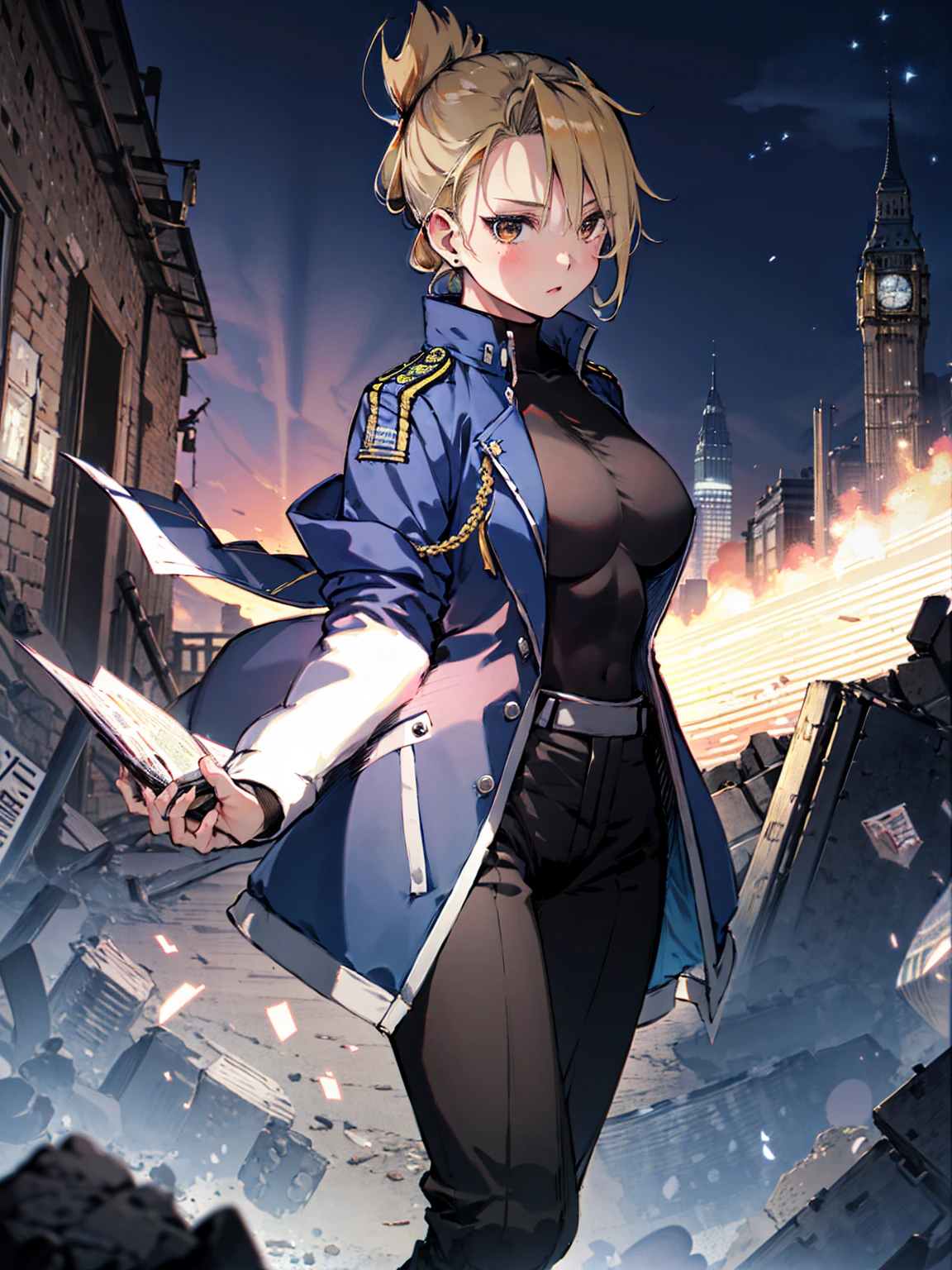 masterpiece, Highest quality, High resolution, One girl, (Blue jacketの下にBlack innerwearを着ている), Folded ponytail, Brown eyes, , uniform, Blue jacket, Blue pants, ,Big Breasts, Black innerwear, (
