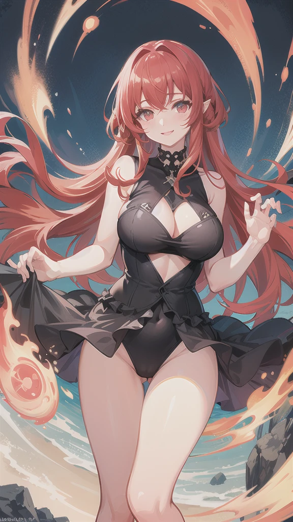 Highest quality, shape, Very detailed, In detail, High resolution, 8k wallpaper, Perfect dynamic composition, Beautiful details, Center of chest, Natural color lip, Random sexy poses,smile,20-year-old girl,Huge ,A woman with long curly red hair wearing a frilly tank top swimsuit