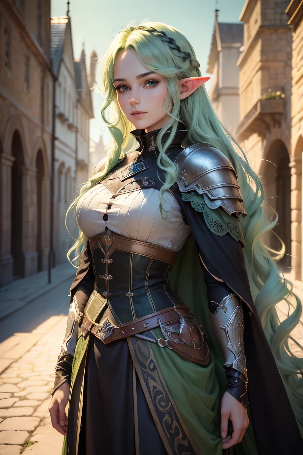 ((best quality)), ((masterpiece)), (detailed), Prize-winning works, with incredible details, maximum textures and details, uhd ,8K,super resolution ,depth of field, retina, masterpiece, anatomically correct, textured skin, super detail, high details, highres ,1 Medieval Fantasy RPG Female Elf Adventurer,hair in the wind,very long light green wavy braid hair ,((light green hair,)),shy smile,similar to the work of JRR Tolkien,black long cape ,lightweight armour,fully body, hyper-detailed piercing eyes , (25 year old young man :1.1,detailedeyes, face detailed, whole body:1.1,the background is a magnificent castle ),(best qualityer:1.2,ultra detali:1.1,realisitic:1.37) ,eyeshadows,sharp focus,swirly vibrant colors,)