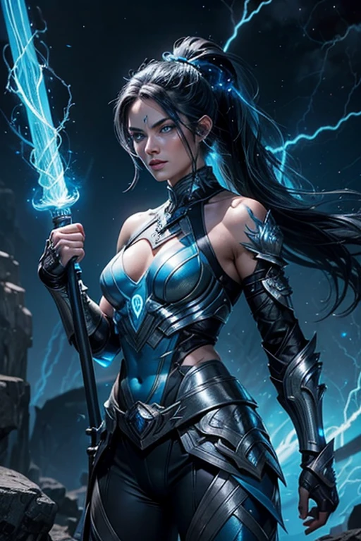 old but beautiful and muscular mature female storm giant with blue black hair in a ponytail and lightning staff, glowing tattoos and pale blue skin wearing steel runic plate Armour , temple cave background with lightning storm, glowing blue eyes with electric sparks , age 40, powerful, mature, aged