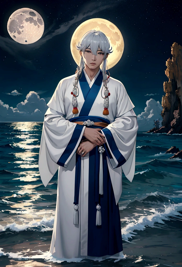 Close up portrait of a person standing on the beach near the sea, Moon God, Jan J, Chinese Fantasy, Moon God, Haise Jinyao, Moon&#39;s  God, Zhao Yun, Lostrun 8k, Wearing a loose robe, Moon God, Inspired by Shen Quang, King of the Sea
