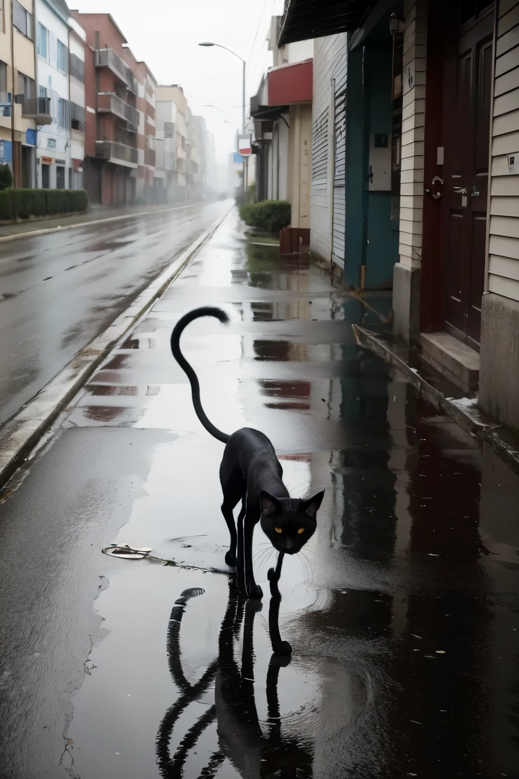 an extremely thin cat with bones showing, with tears streaming down your face, on the street in a storm