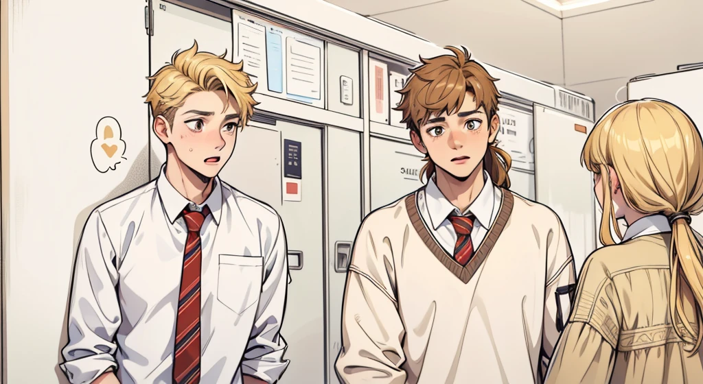 There are two 18-year-olds with brown hair and honey-colored eyes. They are scared and surprised.. They talk to a woman, her back is turned, she has blonde hair.