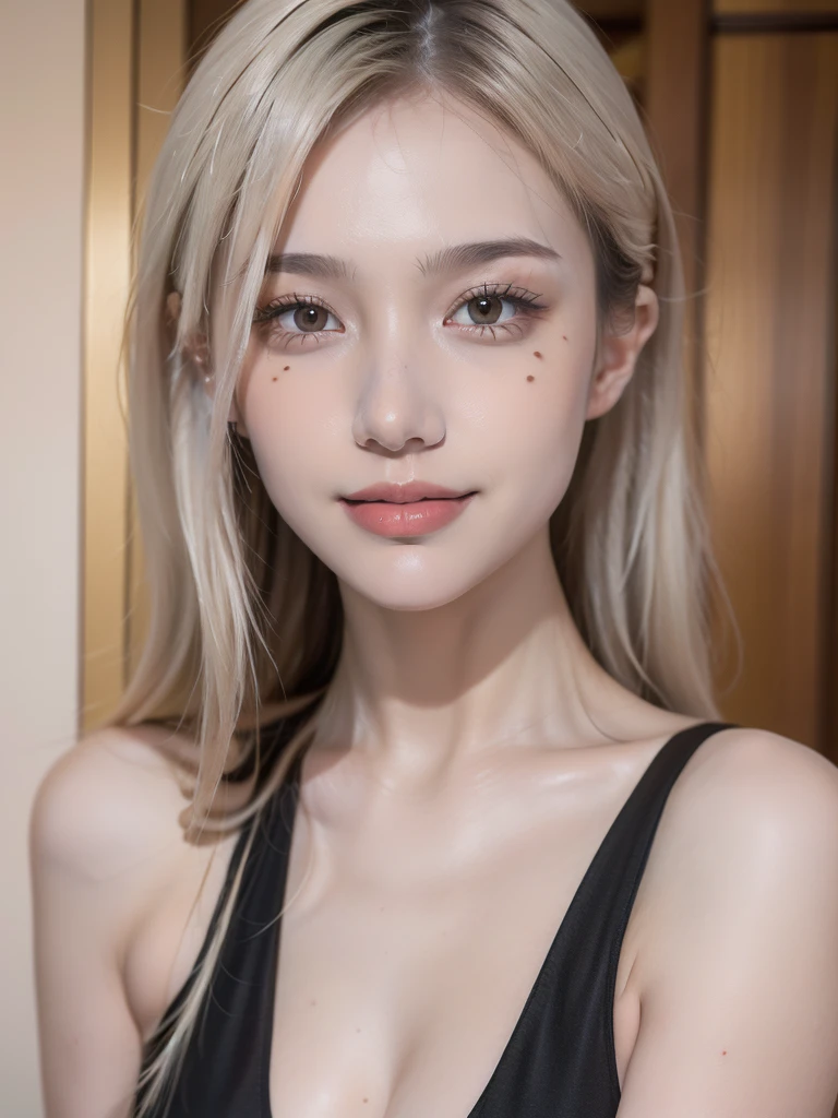 raw photo of beautiful female, looking at camera, centered portrait upper body, Miss white, slim perfect face, natural look, playmate, white hair, wet hair tied in a bun, supermodel, wet skin, pale skin, blushing cheek, very very small bust, red eyes, feeling ecstasy, nude skin, in photo studio