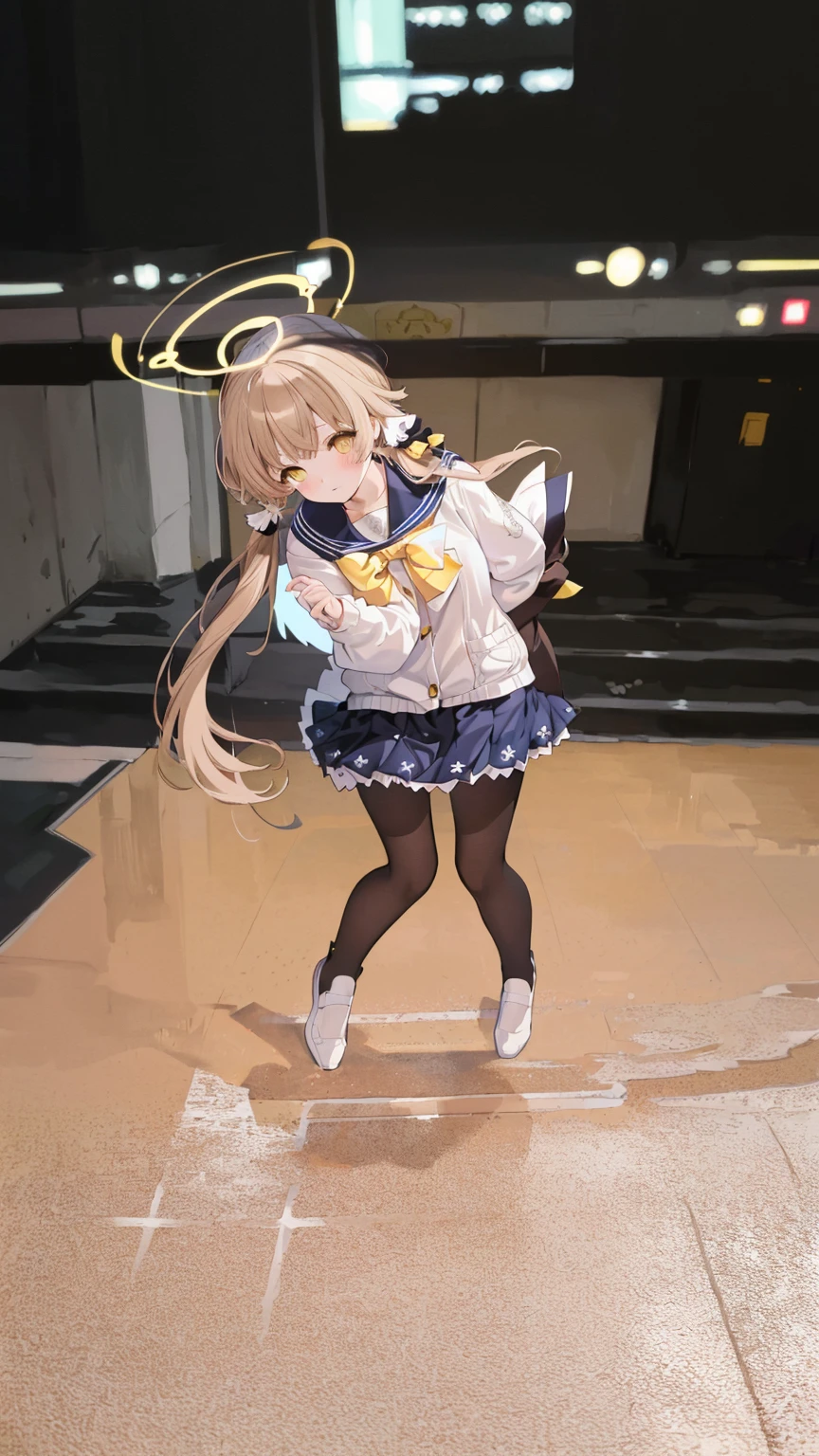 ((masterpiece,best quality)), (illustration), solo, hifumi (blue archive), halo, black pantyhose, long hair, school uniform, yellow eyes, low twintails, sailor collar, pleated blue skirt, white cardigan, long sleeves, light brown hair, blush, frilled skirt, front