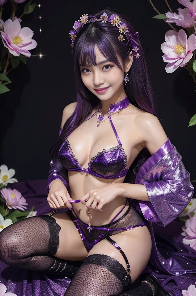 sexy Thai model who controls poison、happy smile、lipgloss、intense makeup、look at the camera、full body Esbian、、sparkling poisoned flower costume (purple)、、、、shiny sparkling multicolor hair、secrete poison、skull hair accessories、fishnet tights、shiny sparkling flowers background