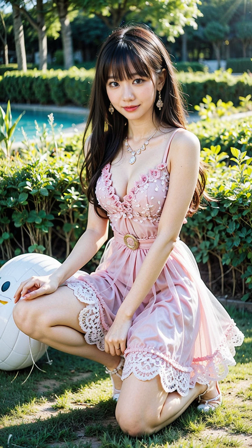 (8k, highest quality, masterpiece:1.2), (Realistic, photoRealistic:1.37), (Super Detail), (One Girl), (Very detailed), (Beautiful and detailed eyes), (highest quality), (Super Detailed), (masterpiece), (Detailed face), (20-year-old), (Pink Hair, Long Hair), (Medium chest), (Dressed), (Perfect lighting), break, (A sophisticated, tight, shiny dress:1.5), (Red with silvery glitter:1.3), (High quality satin:1.2), (Silk slip dress:1.2), (Bodycon silhouette:1.4), (Hidden zipper:1.1), (Scalloped Edge:1.1), (Shiny black strappy heels:1.3), (A simple platinum choker:1.2), (Diamond Stud Earrings:1.2), (Spring-themed outdoor scene:1.5), (pink Long Hair:1.2), (From the upper body to the knees:1.3), (Soft look:1.1), (Gentle sunlight:1.2), (Flower field background:1.4), break、((Sexy panties in full view:1.0))、((Spread your legs wide:1.5))、