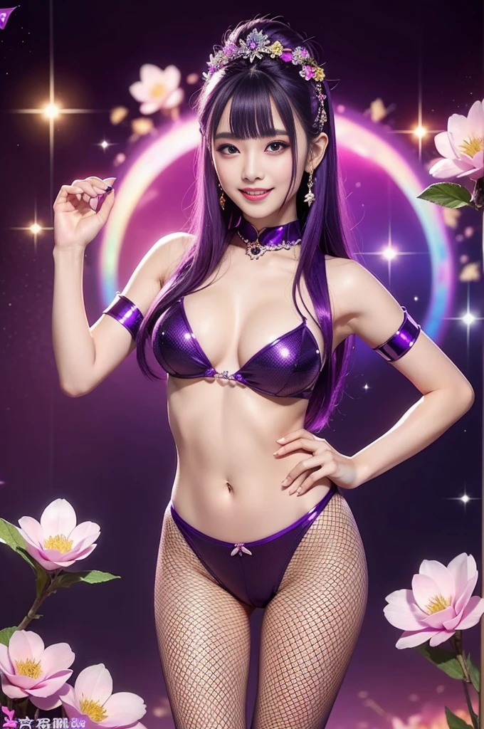 sexy Thai model who controls poison、happy smile、lipgloss、intense makeup、look at the camera、full body Esbian、、sparkling poisoned flower costume (purple)、、、、shiny sparkling multicolor hair、secrete poison、skull hair accessories、fishnet tights、shiny sparkling flowers background
