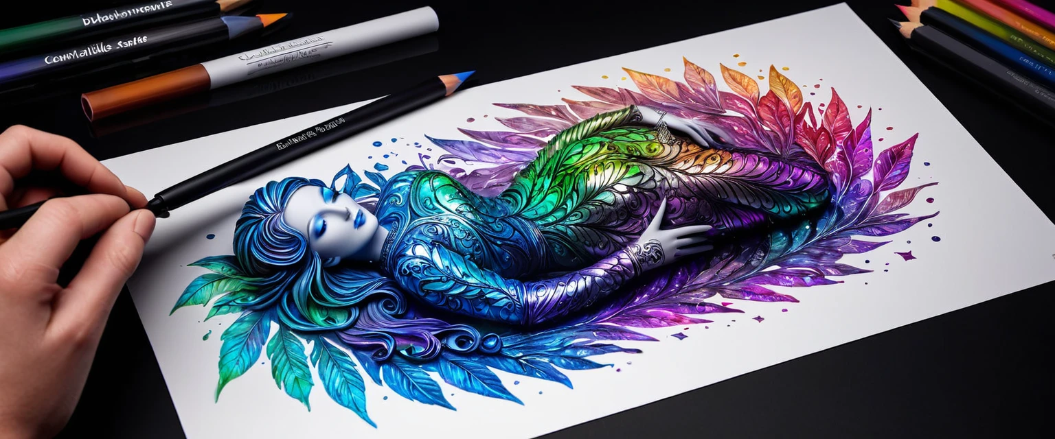 Dessiner une figurine allongée 4D de style encre uhd époustouflante et à couper le souffle, effet holographique qui semble sortir de la feuille de dessin, dessin extrêmement détaillé, hyperréaliste, Des détails sublimes. Un travail vraiment remarquable, travail joyeux et sensuel
