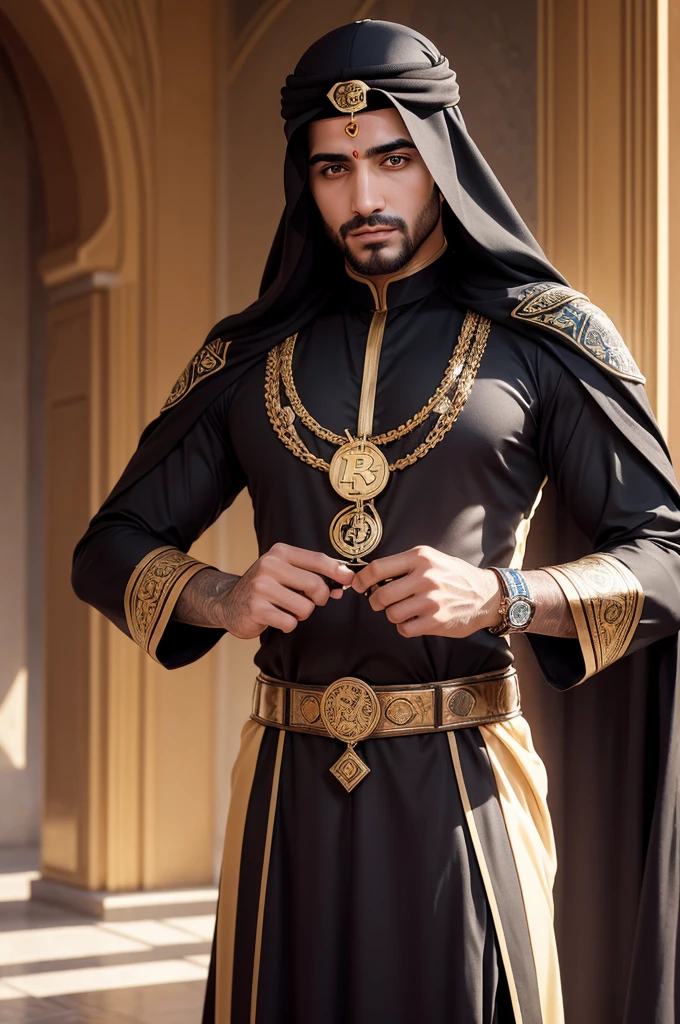 Male Arab Sheikh, mystical, futuristic, Rico, with cryptocurrency symbols, with letter W stamped in the background and inside the pupil the bitcoin symbol