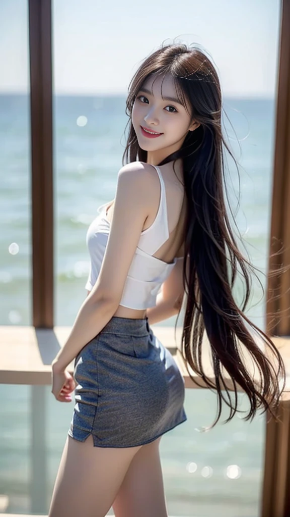 by the sea,There is a beauty that catches the eye。She has a slim figure,Wear a short skirt,Crop topping,Dance,It looks more elegant。In terms of appearance,She has long black and shiny hair,The skin is as fair as jade,The facial features are delicate and picturesque,Especially those big bright eyes,It seems to be able to see through people's hearts。She often has a smile on her lips,Exudes charming confidence and charm,Best quality,Face to face audience,