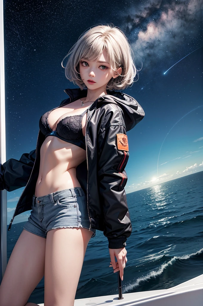 (masterpiece:1.5, Highest quality, Very detailed、 Dutch Angle、Realistic、2.5D、Realistic)(One Girl, Sports Girl)(Grey Hair:1.6,,short hair)(Sports Bra、Jacket:1.5、Shorts、肩にJacketをかける)、((medium breasts, Beautiful cleavage,underboob))(from backside),(Beautiful starry sky、Mystical Night、Particles of light float around the woman、Fantastic space、Ocean、On the boat)
