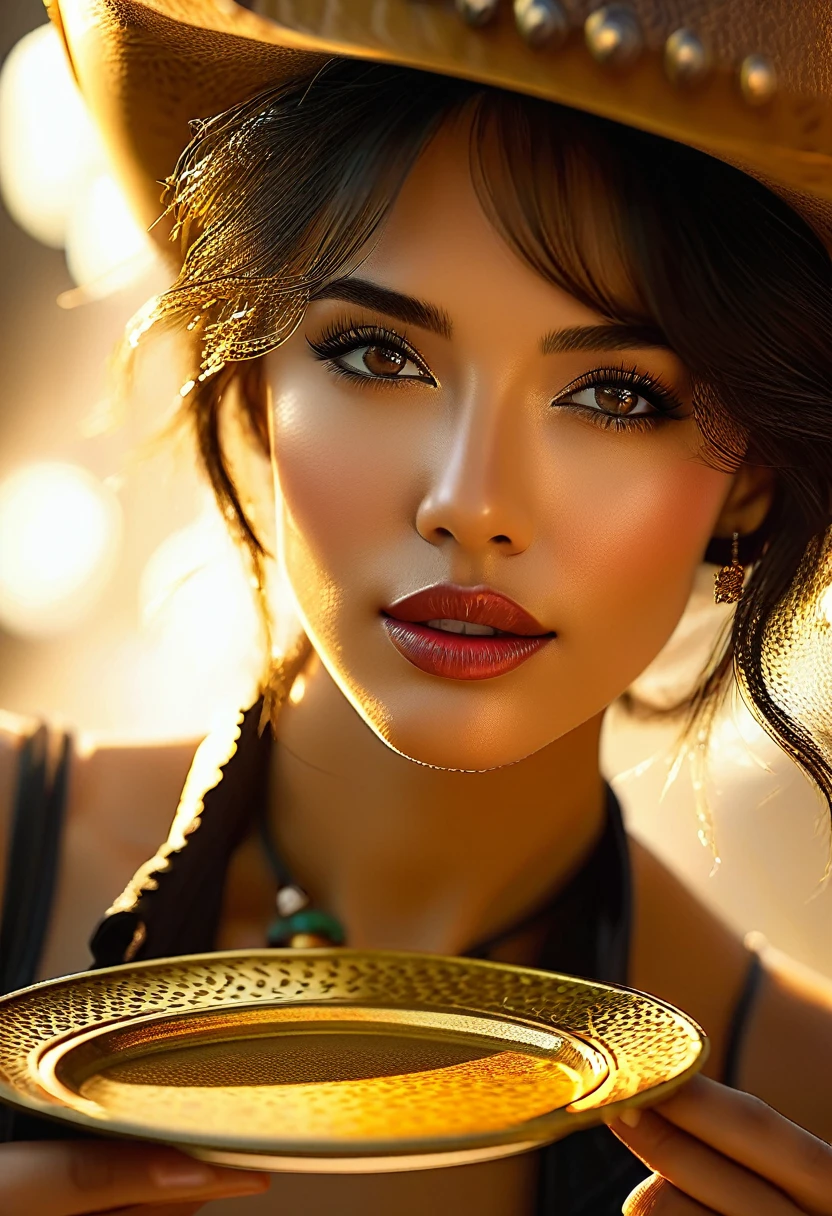 ((Extreme Wide Shot,cowboy shot, Deep Focus, Eye Level Shot)), Realism, , Rim Lights, Rim Lighting, Rim Light, Natural Lighting, Sunlight, Volumetric Lighting, Volumetric Light, Volumetric, ((high quality:1.2, masterpiece:1.2)), absurdres, high resolution, (8k resolution), 8k, 8kres, 8k res, high details, detailed and intricate, intricate details, high intricate details, absurd amount of details, ((looking at viewer)), upper body, detailed face, short hair, beautiful woman, Empty golden tray