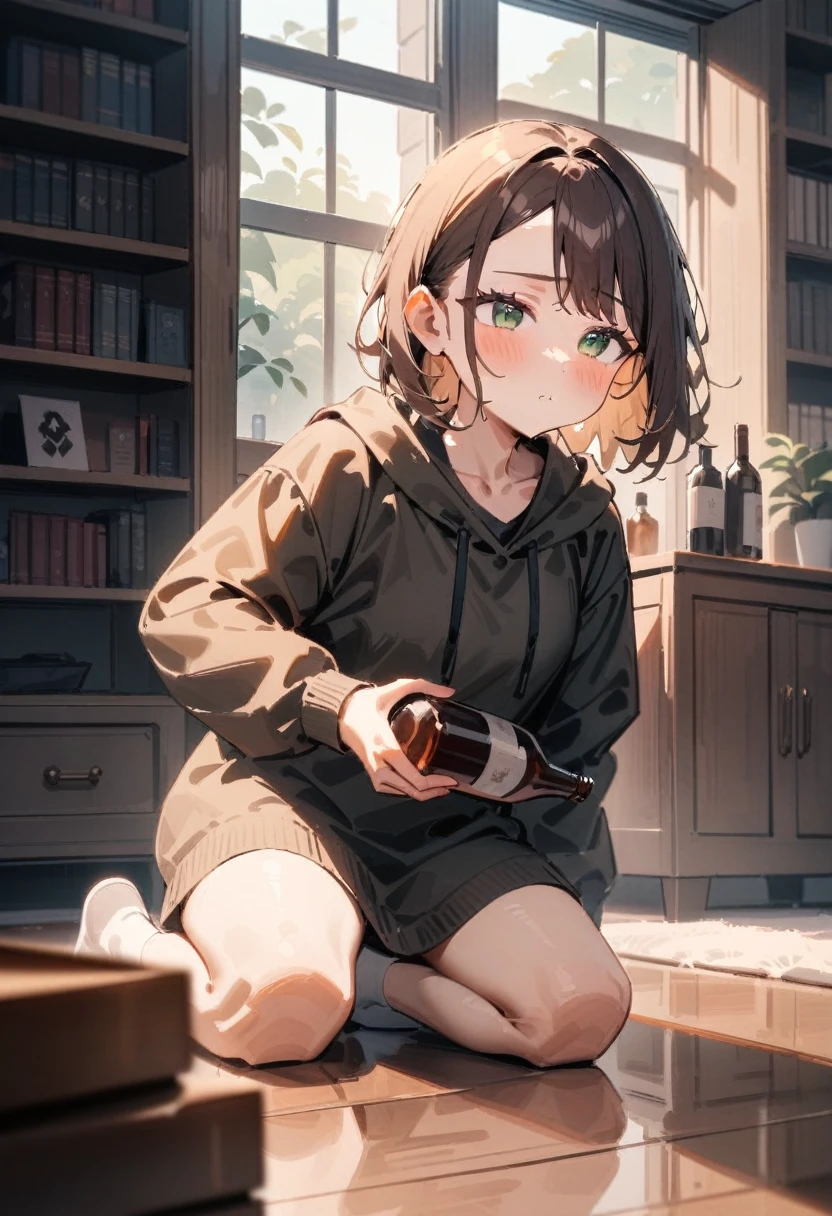 masterpiece, best quality, very aesthetic, absurdres, newest, 1girl, solo, asymmetrical bangs, tareme, young adult, midium brown hair, green eyes, kneeling on the floor, placing a bottle of alcohol down, determined expression, cozy living room, bookshelf, window with sunlight, hopeful mood, reflective mood, full body