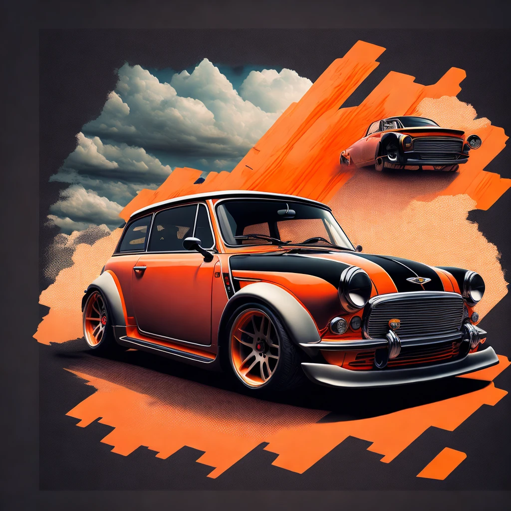 Art for t-shirt graphic design, Bright orange F56 Mini Cooper S in tunnel design, shocking colorful painting, highly detailded, swirly vibrant colors , 8K, Spitz, proffesional, clearing, hight contrast, high saturation, , deep, vivid blacks, crystal clearing ((carbon fiber, Kit de corpo ultra largo Liberty walk)), Aggressive pose ((fund: Speedway, outside old industrial style building, large windows in fund, cloudy sky, heavy industrial look, cobble stone Street)), Qualidade 8K, realisitic, 真实感, Spitz, detailded, ultralargo, black and carbon fiber and deep candy orange colour scheme, frontal profile, epic stance, Epic Ultra Long Body Kit, super low posture, aggressive looks , Street, fund vintage pastel tone, highly detailded clean, vector image, realisitic masterpiece, proffesional photography, realisitic car, car sunrise fund, flat black fund, isometric, vibrant vector