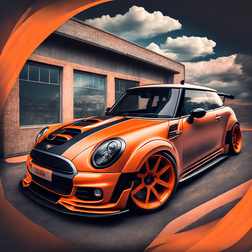 Art for t-shirt graphic design, Bright orange F56 Mini Cooper S in tunnel design, shocking colorful painting, highly detailded, swirly vibrant colors , 8K, Spitz, proffesional, clearing, hight contrast, high saturation, , deep, vivid blacks, crystal clearing ((carbon fiber, Kit de corpo ultra largo Liberty walk)), Aggressive pose ((fund: Speedway, outside old industrial style building, large windows in fund, cloudy sky, heavy industrial look, cobble stone Street)), Qualidade 8K, realisitic, 真实感, Spitz, detailded, ultralargo, black and carbon fiber and deep candy orange colour scheme, frontal profile, epic stance, Epic Ultra Long Body Kit, super low posture, aggressive looks , Street, fund vintage pastel tone, highly detailded clean, vector image, realisitic masterpiece, proffesional photography, realisitic car, car sunrise fund, flat black fund, isometric, vibrant vector