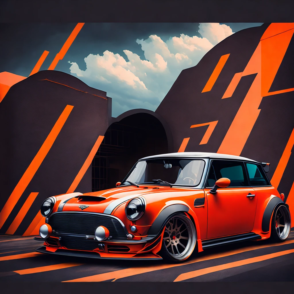 Art for t-shirt graphic design, Bright orange F56 Mini Cooper S in tunnel design, shocking colorful painting, highly detailded, swirly vibrant colors , 8K, Spitz, proffesional, clearing, hight contrast, high saturation, , deep, vivid blacks, crystal clearing ((carbon fiber, Kit de corpo ultra largo Liberty walk)), Aggressive pose ((fund: Speedway, outside old industrial style building, large windows in fund, cloudy sky, heavy industrial look, cobble stone Street)), Qualidade 8K, realisitic, 真实感, Spitz, detailded, ultralargo, black and carbon fiber and deep candy orange colour scheme, frontal profile, epic stance, Epic Ultra Long Body Kit, super low posture, aggressive looks , Street, fund vintage pastel tone, highly detailded clean, vector image, realisitic masterpiece, proffesional photography, realisitic car, car sunrise fund, flat black fund, isometric, vibrant vector