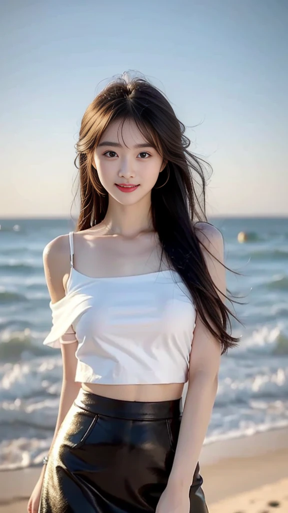 by the sea,There is a beauty that catches the eye。She has a slim figure,Wear a short skirt,Crop topping,Dance,It looks more elegant。In terms of appearance,She has long black and shiny hair,The skin is as fair as jade,The facial features are delicate and picturesque,Especially those big bright eyes,It seems to be able to see through people's hearts。She often has a smile on her lips,Exudes charming confidence and charm,Best quality,Face to face audience,