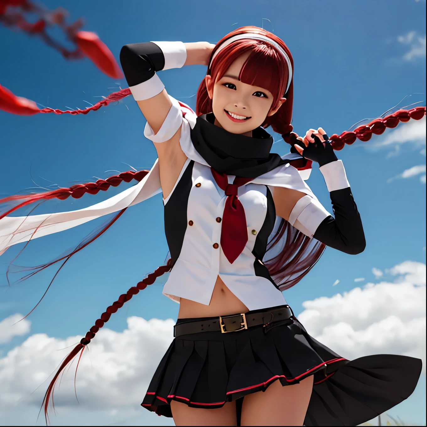 Highest quality, masterpiece, High resolution, 一人in, {Sichuan wind_Kantai Collection:1.15}, length_hair, red_hair, ribbon, hairband, hair_ribbon, 前hair, Ahoge, twintails, Side Lock, low_twintails, asymmetrical_前hair, very_length_hair, smile, green_eye, Seraphim, Sleeveless, hair_flap, 1 Girl, black_gloves, Braiding, Cape, elbow_gloves, fingerless_gloves, gloves, looking for_in_Audience, scarf, School_uniform, twin_Braidings, yellow_eye, neckerchief, skirt, torpedo, mechanical, Open_mouth, pleined_skirt