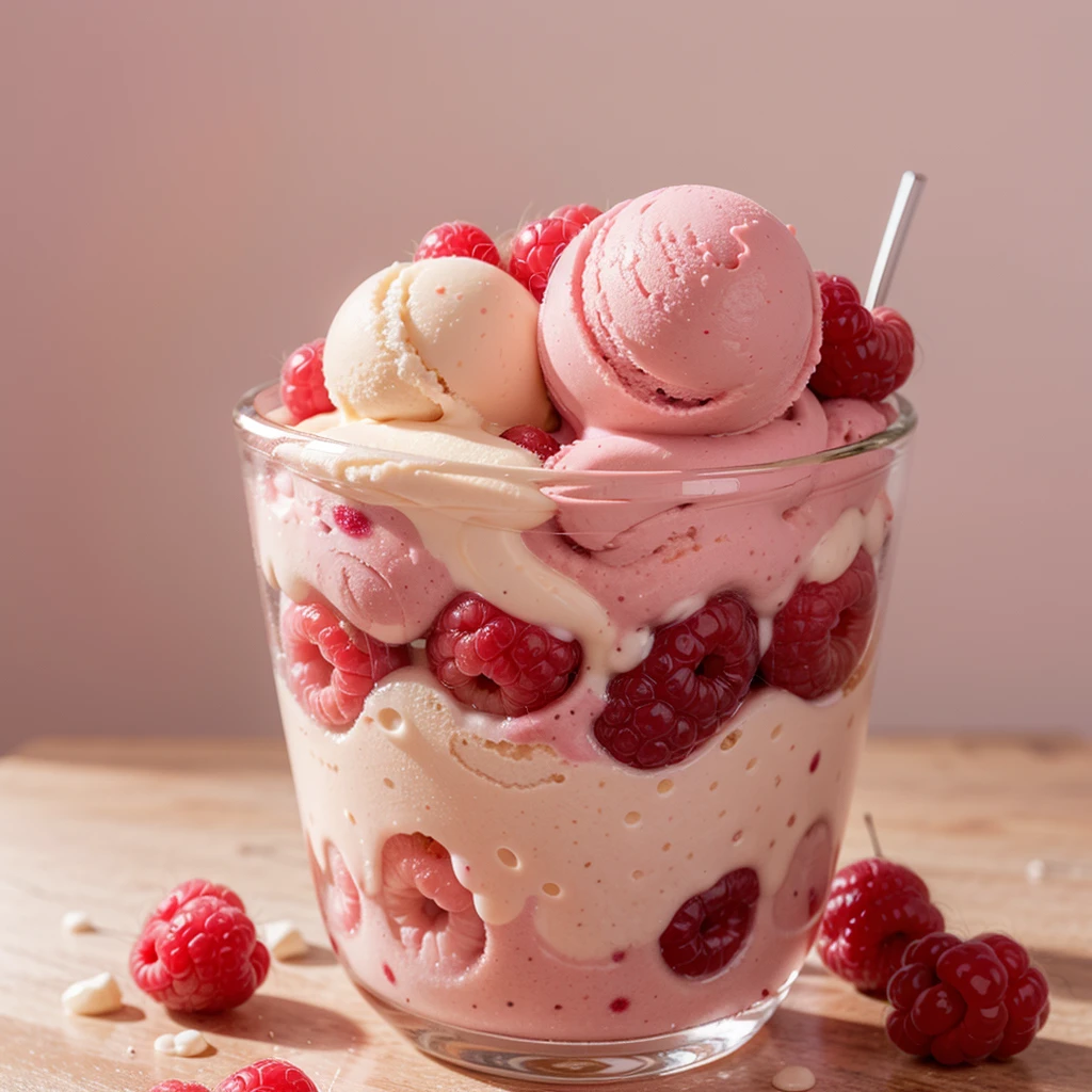 fresh raspberry style ice cream,pink background,in glass cup,some raspberrys on the ice cream