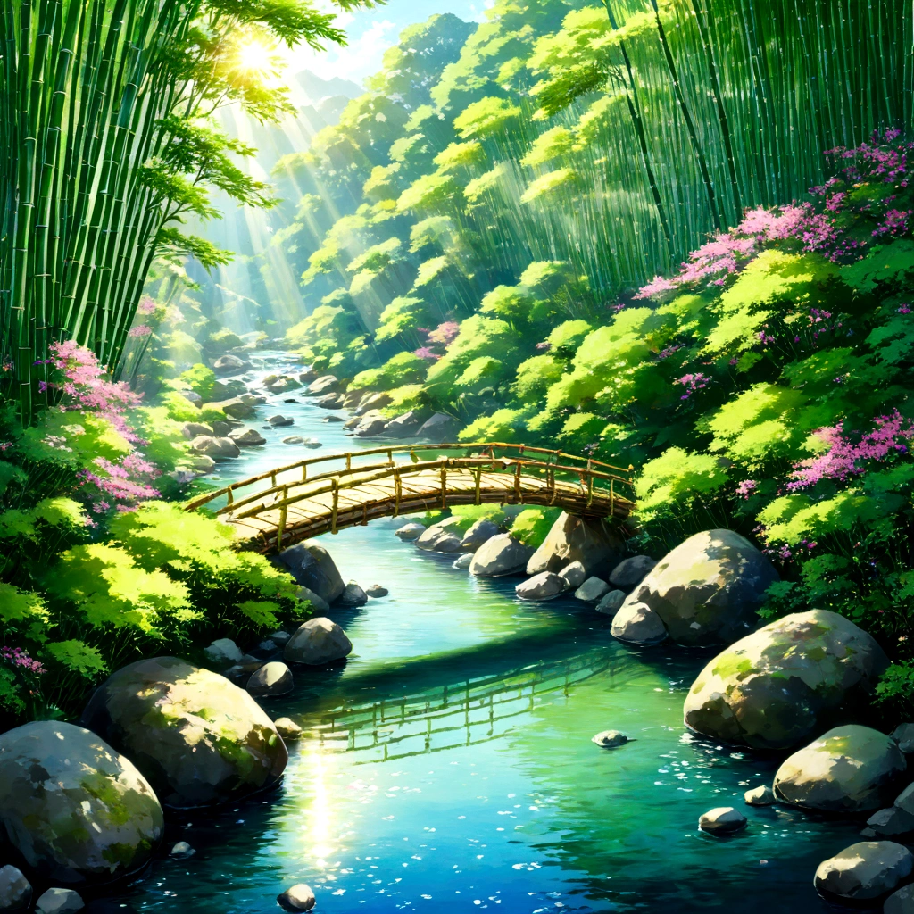 Sunlightがbamboo forestの葉を透かして差し込み、Glitter、Beautiful mountain stream。The water is crystal clear、river底の石ころまでくっきりと見える。大小さまざまなrockが、Washed by the flow、It creates a unique shape。苔むしたrockの上には、可憐なflowerが咲き、Feel the power of life。river幅が狭まった場所には、丸太でできた素朴なSmall bridgeが架かり、If you cross over it、新たなadventureへと続く道が始まる。Beautiful game world, Fantasy, Furai no Shiren, bamboo forest, river, rock, Small bridge, flower, Sunlight, adventure, fun