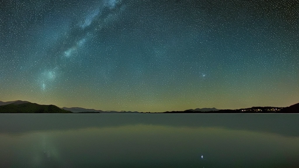 ((Highest quality)), ((masterpiece)), (detailed), ((Starry sky is the main thing))、(Large Lake)、(Mirror-like surface of the lake)、(The starry sky is reflected on the lake)、Overall dark、midnight、unmanned