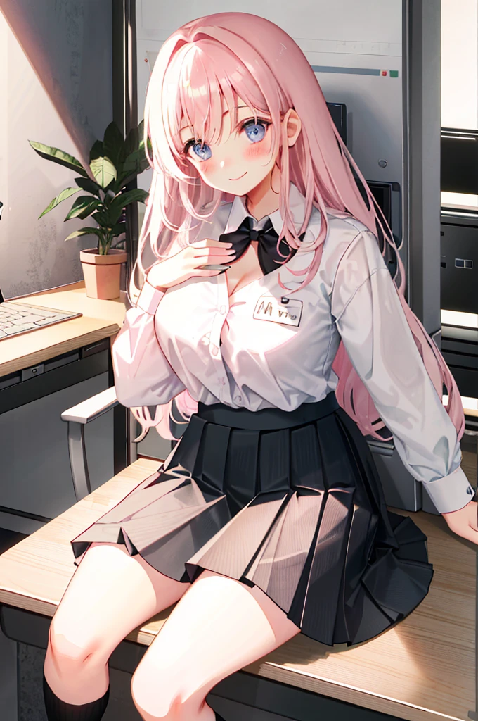 1girl, solo, ((white shirt)), black thighhighs, breasts, cleavage, uniform, office background, black skirt, office suit, ((pleated skirt)), office, hair between eyes, large breasts, long hair, looking at viewer, pink sunglasses, white hair, black short nails, blue eyes, solo, black thighhighs, very long hair, ((masterpiece)), sitting, chair, desk, computer on desk, name tag, id tag, indoor, smile, ((blush)), shy, sexy pose, blush, black ribbons