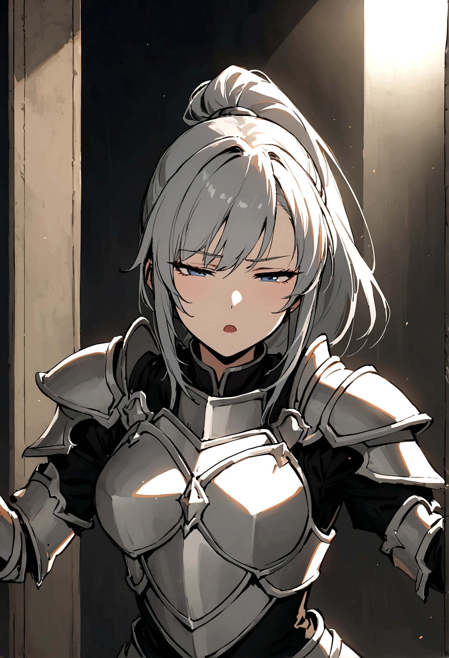 Beautiful girl knight in armor, Gray Hair, tsurime, fantastic, Face your body forward like a certificate photo, shoot from front, Ponytail, Armor Girl, beautiful female knight, Female Paladin, pale blue eyes, narrowed eyes squint, Talking mouth, upper body shot, drawing both arms
