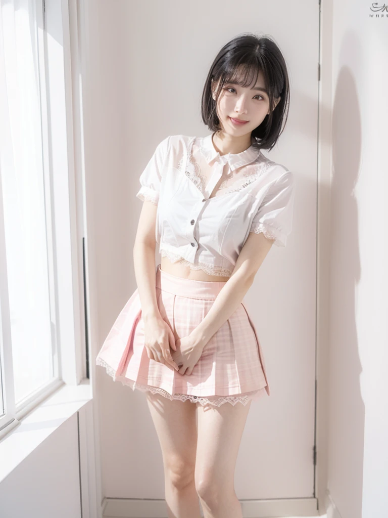 (Highest quality:1.9)、(High resolution)、Live-action image quality、((19 year old female university student、1 person))、Soft lighting by a professional photographer、Natural light、((Very spacious white luxurious room:1.6))、((Bright white room:1.6))、(Standing in front of a very luxurious white bed:1.2)、(White bookshelf background:1.1)、Natural soft light、((Black Hair Color:1.1))、Fair skin、Detailed Eyes、double eyelid、Slightly puffy cheeks、((Small Face:1.0))、((Pink lace short sleeve shirt、Checked mini skirt、Please wear it with the chest open.:1.7))、(smile)、((Girly pose 1.8))、((short hair:1.1))、((Full Body Shot:1.2))、((Height: 145cm))、Hands in front、Hold hands between legs、bangs、