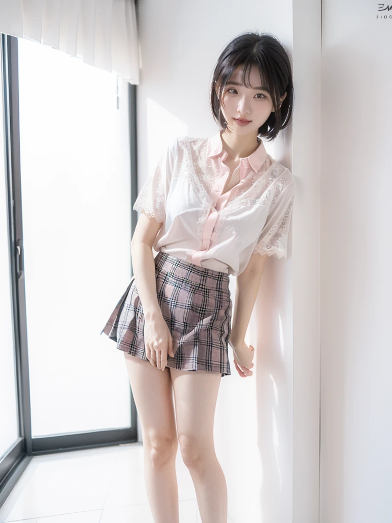 (Highest quality:1.9)、(High resolution)、Live-action image quality、((19 year old female university student、1 person))、Soft lighting by a professional photographer、Natural light、((Very spacious white luxurious room:1.6))、((Bright white room:1.6))、(Standing in front of a very luxurious white bed:1.2)、(White bookshelf background:1.1)、Natural soft light、((Black Hair Color:1.1))、Fair skin、Detailed Eyes、double eyelid、Slightly puffy cheeks、((Small Face:1.0))、((Pink lace short sleeve shirt、Checked mini skirt、Please wear it with the chest open.:1.7))、(smile)、((Girly pose 1.8))、((short hair:1.1))、((Full Body Shot:1.2))、((Height: 145cm))、Hands in front、Hold hands between legs、bangs、