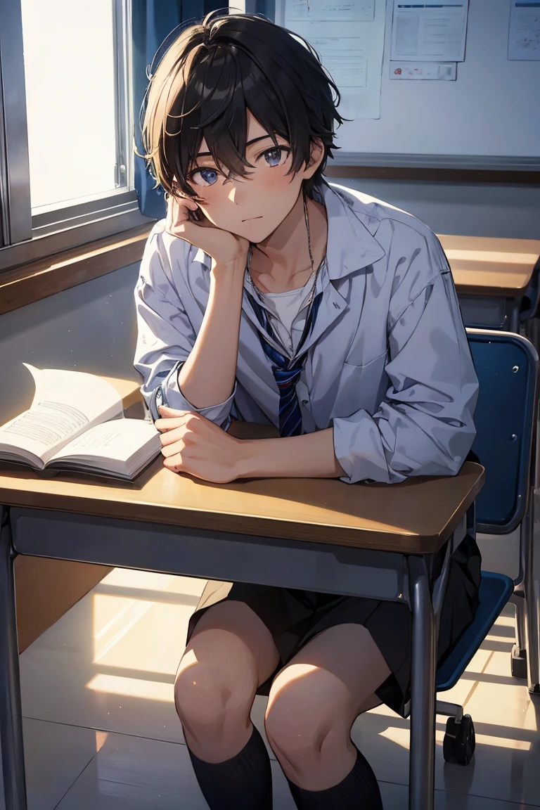 A high-quality and masterpiece image of a high school boy in the classroom, with beautiful detailed glow and light effects.