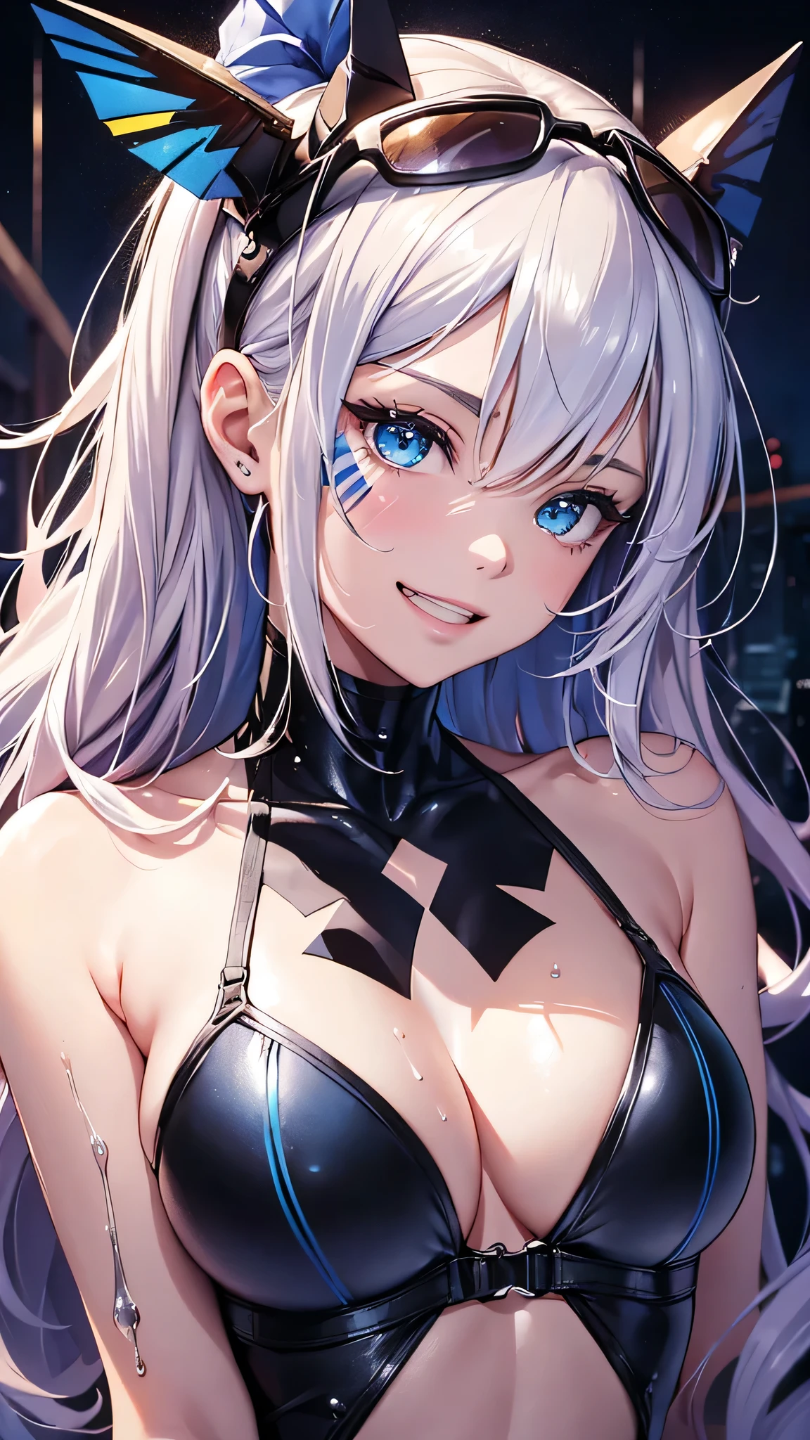 最high quality、Best image quality、masterpiece、With a girl((cute、、Best Bust、Medium Bust、Bust 85,Beautiful Blue Eyes、Spread your chest wide,Blonde lointail、Slender、The best valley、、Black Bikini、,Show the whole body、Black perforated gloves,Blue Mesh,Leaning forward greatly、Blue Sports Sunglasses、Blue Intercom,My whole body is wet、Face Paint、Grin、)）high quality、Beautiful art、background((Night City、heavy rain、Lightning strikes、squirt)),Tabletop、Exquisite design、Visual Arts、Depth of written boundary、Best lighting、Highest detail、8ｋ