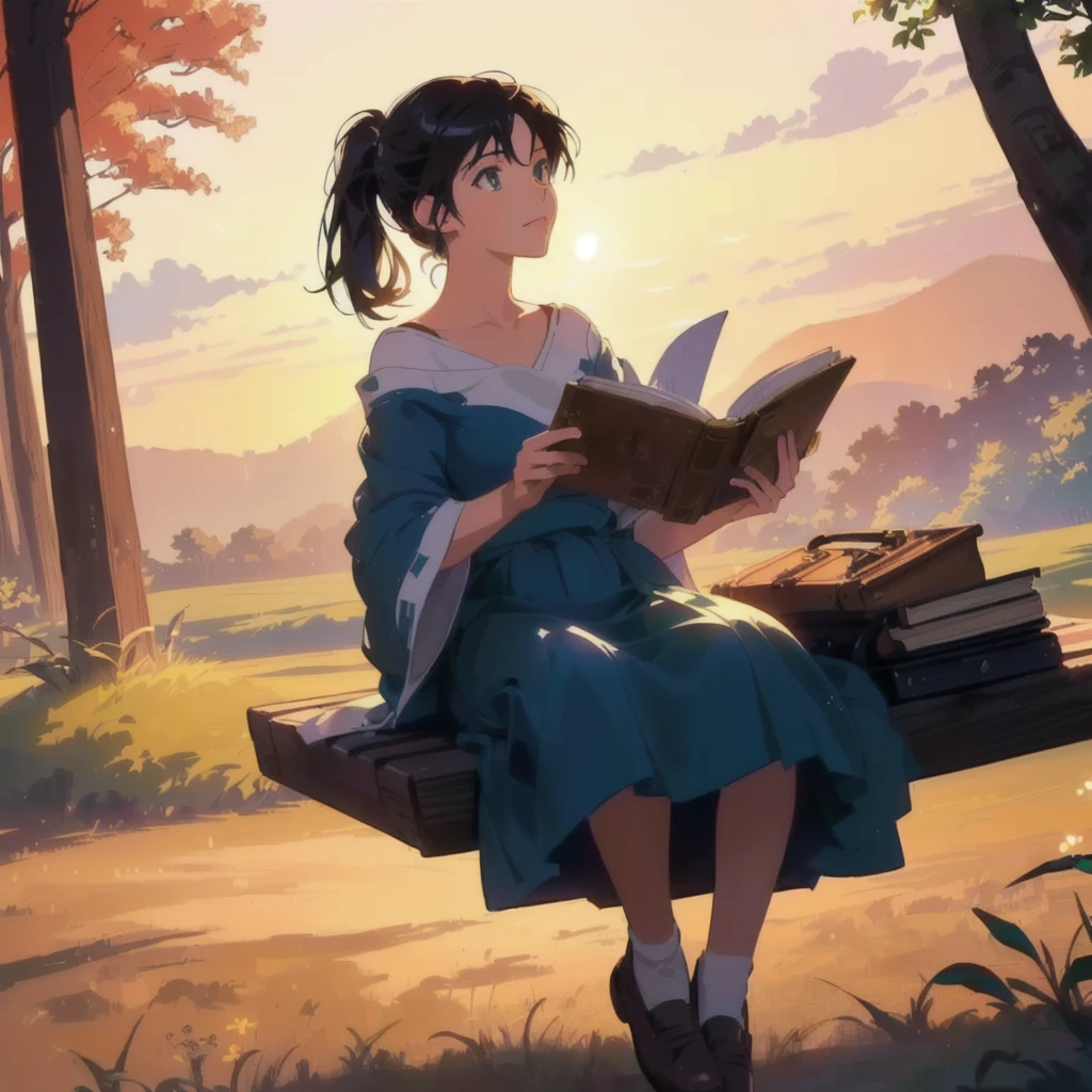 a young anime girl sitting on a bench reading a book in a forest, (detailed face, beautiful eyes, long eyelashes, intricate details), (new age anime, soft lighting, warm colors), (vibrant colors, cinematic lighting, depth of field), (masterpiece, photorealistic, ultra-detailed, hyper realistic), (art style of makoto shinkai, cinematic composition, digital painting by makoto shinkai), (studio ghibli, cyril rolando, by makoto shinkai), (award winning, professional, 8k, high resolution)