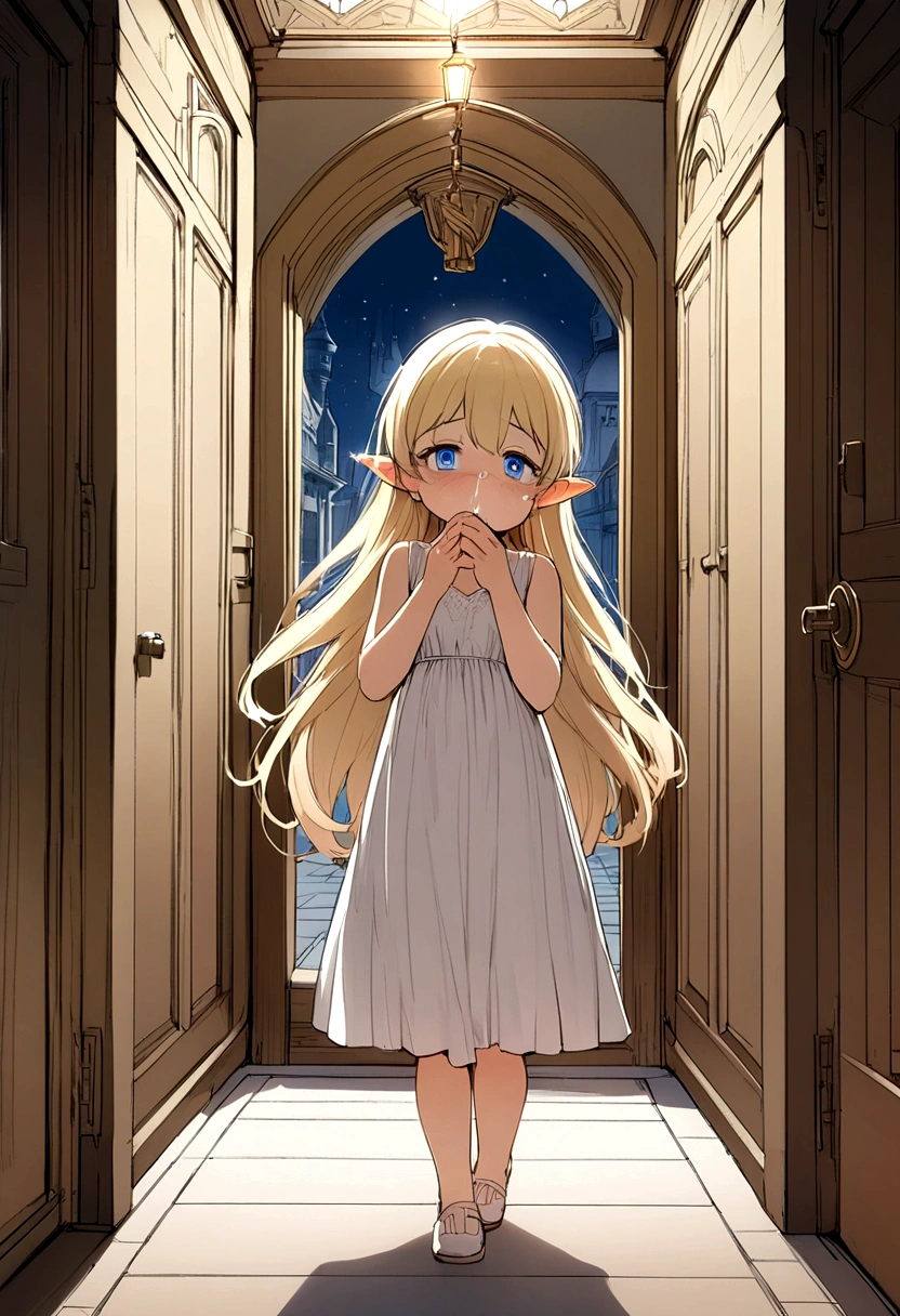Anime. Baby. Princess. Blonde. Long hair. Blue eyes. Beautiful eyes. Light dress. Shoes. Cold. Runny nose. Snot. Nasal mucus. Sneeze. Sneezing. Sneezes. Snot flows from the nose. Wants to chug. I have to sneeze. Very strong desperate desire to sneeze. She sneezed. She sneezed. She sneezes while standing. Fantasy city. Lock. Corridor . At the entrance to the toilet. Full height. Standing. Full body.