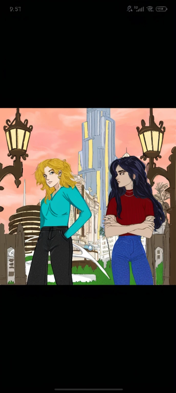anime scene of two women standing in a park with a city in the background, In front of a sci-fi cityscape, with towers, urban girl fanart, city in the background, in a futuristic city, city in the background, no art style by bowater, in front of a fantasy city, skyscrapers in the background, drawn in the style of mark arian