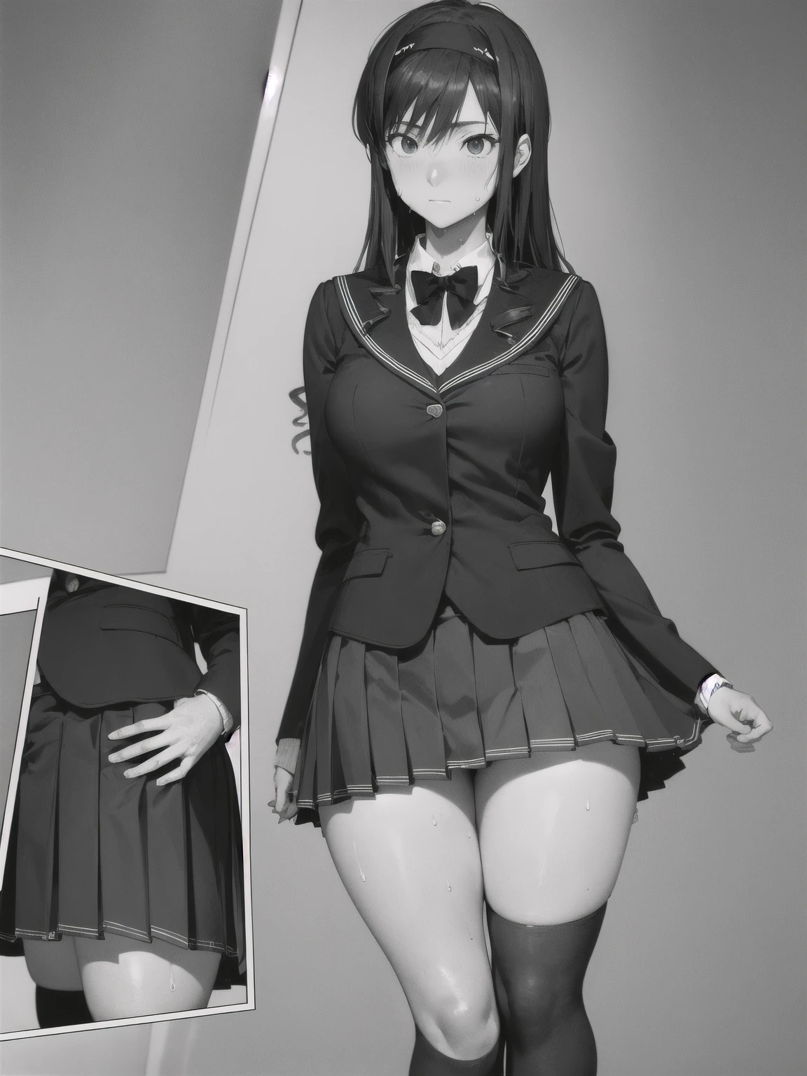 （hair band, Black sailor collar, Black Blazer, Black bow tie, Long sleeve, Pleated skirt）一人のgirl,High resolution, ,Full nudity、girl、cute 、Thick pubic hair、Nipples、Thighs、The Gaze of Love、Sweaty body、Young Face、Beautiful Face, Photorealistic images、In detail、masterpiece,Lift your legs,Wear knee-high socks,A body that is structurally identical to the human body