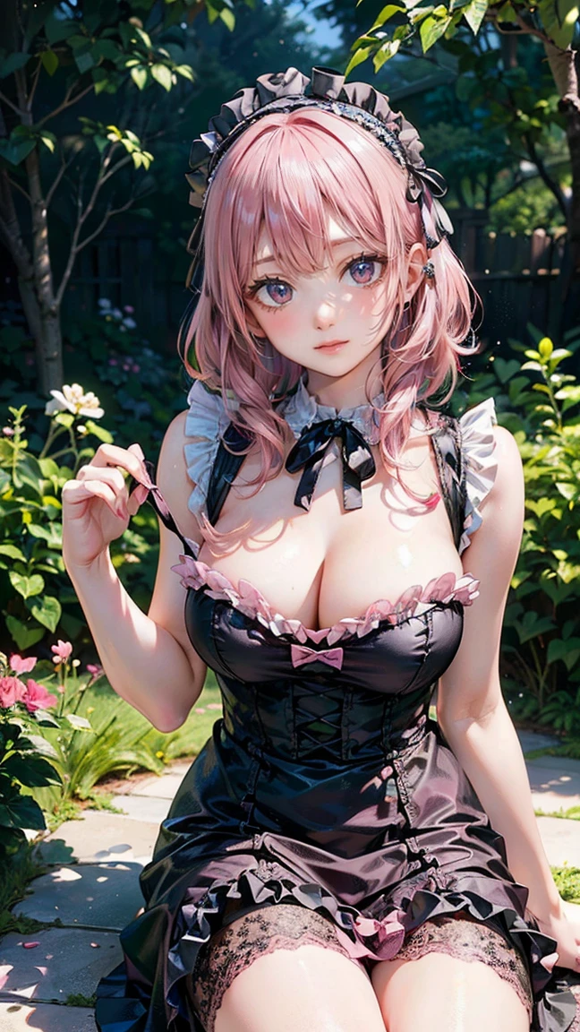(Masterpiece, BestQuality:1.3), (ultra detailed:1.2), (hyperrealistic:1.3), (RAW photo:1.2), High detail RAW color photo, professional photograph, (Photorealistic:1.4), (realistic:1.4), (Pink Hair:1.5), professional lighting, perfect anatomy, (Big Breasts:1.2), (blush, detailed face), (A happy smile:1.7), sexly, erotic sexly, Random sexy gravure poses, (Beautiful cosplayer in a black and pink ta dress、Sitting elegantly in a Victorian garden、Smiling。With a big ribbon on her head、She is holding a lace handbag in her hand。:1.3)