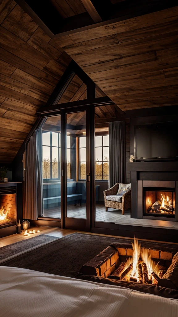 A cozy bedroom, window, fire place,