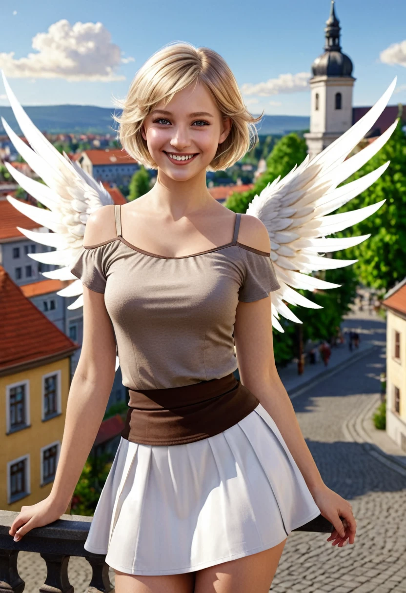 1 girl, european, fantasy, 30 years, she is wearing brown skirt, she has blond bobcut hair, she has grey eyes, she is smiling, town in the background, fantasy, realistic, detailed face, she has one angelic big wing white, flat chest