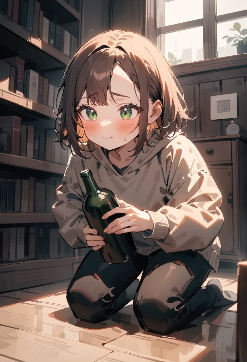 masterpiece, best quality, very aesthetic, absurdres, newest, 1girl, solo, asymmetrical bangs, tareme, young adult, midium brown hair, green eyes, kneeling on the floor, placing a bottle of alcohol down, determined expression, cozy living room, bookshelf, window with sunlight, hopeful mood, reflective mood, full body