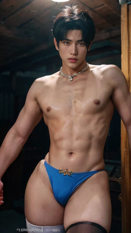 Black hair, Big bulge, very hairy armpits, hairy pubic, hairy crotch, Cute handsome face, In the dirty alley, Zephyr stands bound, WEARING Tiny thong, his wrists encased in supple leather cuffs that accentuate the lines of his forearms. A bondage chest harness adorns his upper body, its intricate design revealing the play of shadows on the exposed skin of his chest. The ambient lighting casts a warm glow, creating an interplay of light and darkness. Zephyr's legs, enveloped in calf-to-thigh leather restraints, add a visual symmetry to the scene. The leather straps, secured with meticulous precision, enhance the aesthetic appeal of his bound form. The absence of a body panel in the chest harness exposes his torso, highlighting the vulnerability and sensuality of the moment. As Zephyr's hair falls slightly disheveled around his face, the room captures the scents of leather and anticipation. The alley becomes a canvas for the visual impact of restraint, each element contributing to the immersive experience. The intricate details of the bindings and the interplay of light create a visually compelling scene, ripe for exploration by an AI image generator. Both Arms behind back, handcuffed.  full bodyesbian , epic reality , epic photorealistic , ultra realism , photorealistic , only male , only boy , full length shot (fls) , wearing sexy micro string thong , arms up, handsome korean boy , (topless) , sex slave. ,bondage collar chain , standing , wide hips , wide pelvis , phat hips. , thick thighs , (warm tone photo) , very tight ,snake eyes, thin lip. Buzz cut hairstyle , (((bell at neck))) , ((tight skindentation))