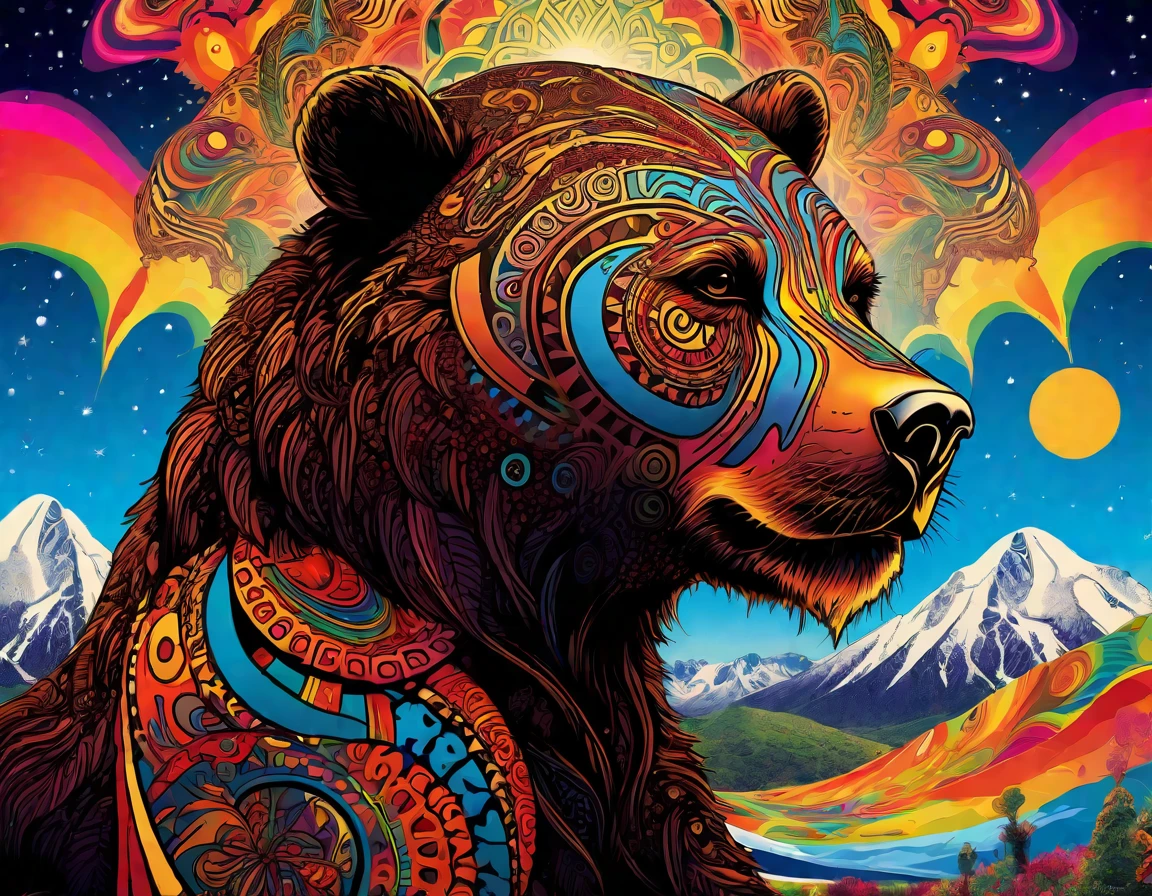 Un ours et une étoile, Inspired by Australia, Australian Aboriginal , Aboriginal aesthetic, aboriginal gods, Aboriginal symbols, Aboriginal runes, rune tattoos on face, aboriginal tattoo, desert landscape with mountains and sun, Psychedelic landscape, Psychedelic acid trip, Psychedelic artwork, Psychedelic lsd, Psychedelic trip, Psychedelic Art, Psychedelic ski resort, Psychedelic visuals, : Psychedelic ski resort, Psychedelic painting, Psychedelic Visuals, Psychedelic fever dream, LSD trip, Psychedelic art, Psychedelic, art hallucinatoire, Psychedelic waves, extremely Psychedelic experience, 