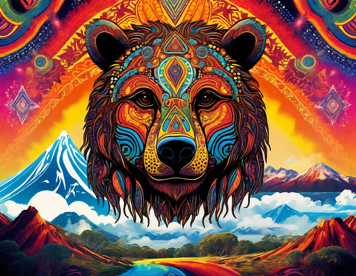 Un ours et une étoile, Inspired by Australia, Australian Aboriginal , Aboriginal aesthetic, aboriginal gods, Aboriginal symbols, Aboriginal runes, rune tattoos on face, aboriginal tattoo, desert landscape with mountains and sun, Psychedelic landscape, Psychedelic acid trip, Psychedelic artwork, Psychedelic lsd, Psychedelic trip, Psychedelic Art, Psychedelic ski resort, Psychedelic visuals, : Psychedelic ski resort, Psychedelic painting, Psychedelic Visuals, Psychedelic fever dream, LSD trip, Psychedelic art, Psychedelic, art hallucinatoire, Psychedelic waves, extremely Psychedelic experience, 