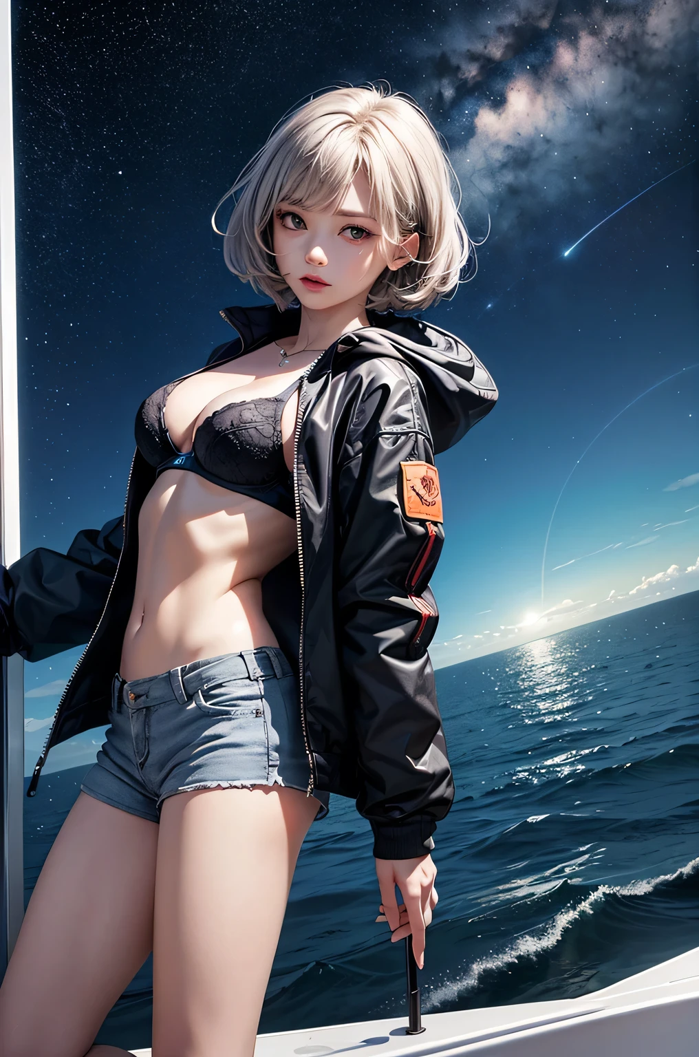 (masterpiece:1.5, Highest quality, Very detailed、 Dutch Angle、Realistic、2.5D、Realistic)(One Girl, Sports Girl)(Grey Hair:1.6,,short hair)(Sports Bra、Jacket:1.5、Shorts、肩にJacketをかける)、((medium breasts, Beautiful cleavage,underboob))(from backside),(Beautiful starry sky、Mystical Night、Particles of light float around the woman、Fantastic space、Ocean、On the boat)