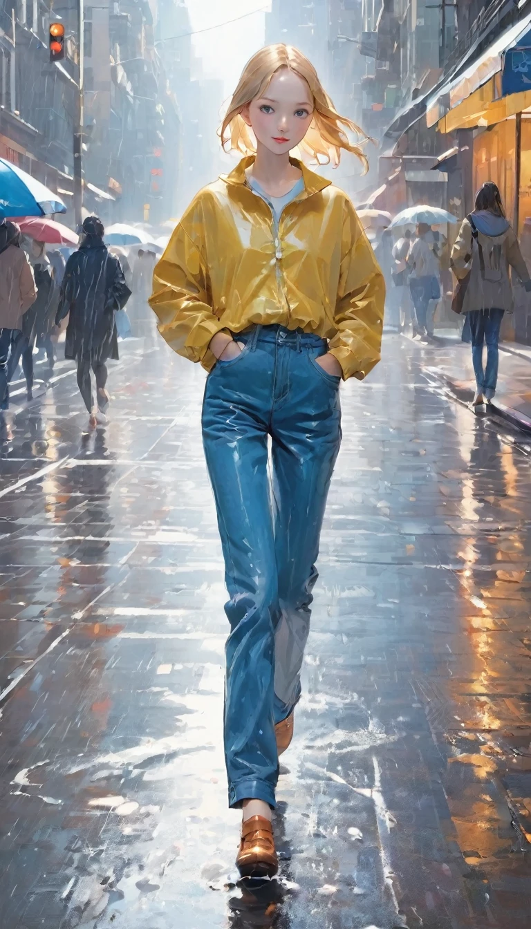 Highest quality、masterpiece:1.3、(((一人の女の子が雨の中でInnocenceに笑いながら一回転をしている、Dancing in the rain:1.37)))、alone、Girls spinning in the heart of downtown、Innocence、Wet girl、Clothes that are wet、Casual clothing、Denim pants、New York Times、無人のNew York Times、