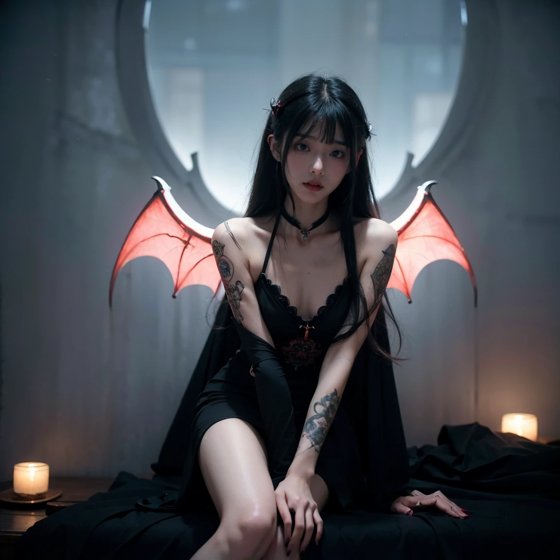 (night, Soft lighting, Highest quality, 8K, masterpiece, RAW Photos, Angle from below:1.3), Technoir, Smile mischievously, Artistically refined, Realistic visuals, Breathtaking beauty, Diffused, natural skin glow, Girl sitting and enjoying the view, 24-years-old, thin, Floating Medium Hair, bangs, (Black Chinese Dress:1.2), masterpiece, Highest quality, RAW Photos, Candid, zwd, ,mysterious, Beautiful Vampireの少女 ファンタジー, (( Beautiful Vampire, Pointed fangs, Pointed canines: 1.2)), Red colored eyes, , thin目, Symmetrical eyes, (Highlight Color Hair) , Super detailed, Intricate details, Highly detailed face and skin tones, The body is slim, Full Body Tattoo, Fine grain, Realistic, compensate, intellectual, Fascinating, Beautiful standing posture, Slim legs, Small breasts, Medieval European streets, nightの街